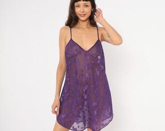 Purple Sheer Slip Dress 90s Floral Embroidered Chemise Violet Mesh Rose Pattern V Neck Mini Babydoll Lingerie Grape Nightgown Plus Size 1X
