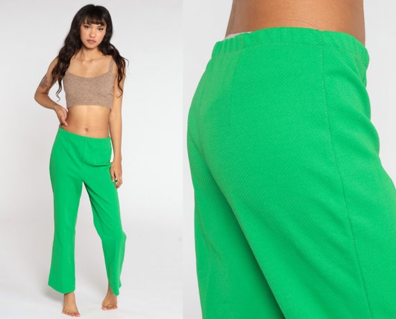 Green Bell Bottom Pants 70s High Waisted Trousers Boho Flared Polyester 1970s High Waist Hippie Vintage Bohemian Medium Large