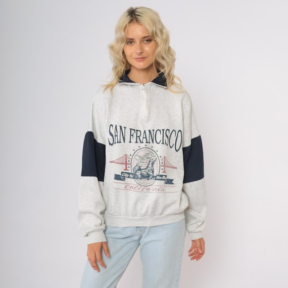 90s San Francisco Sweatshirt Quarter Zip Sweatshirt Golden Gate Bridge California Sweater Navy blue Heather Grey Vintage 1990s Medium