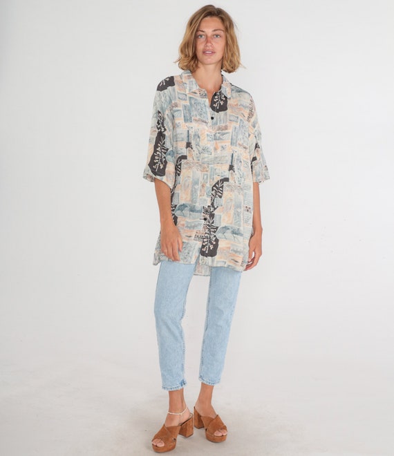 Abstract Floral Blouse 90s Button up Shirt Short … - image 3