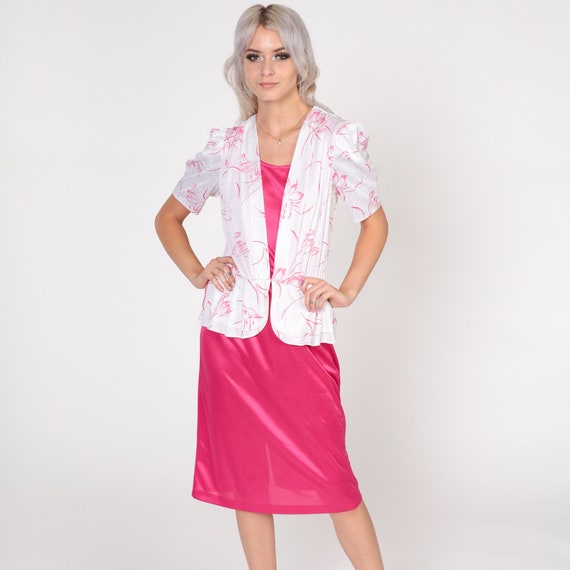 80s Peplum Dress Twofer Attached Blouse Dress Pink White Floral Midi Puff Sleeve 2fer Secretary Boho Garden Party Vintage 1980s Small Medium