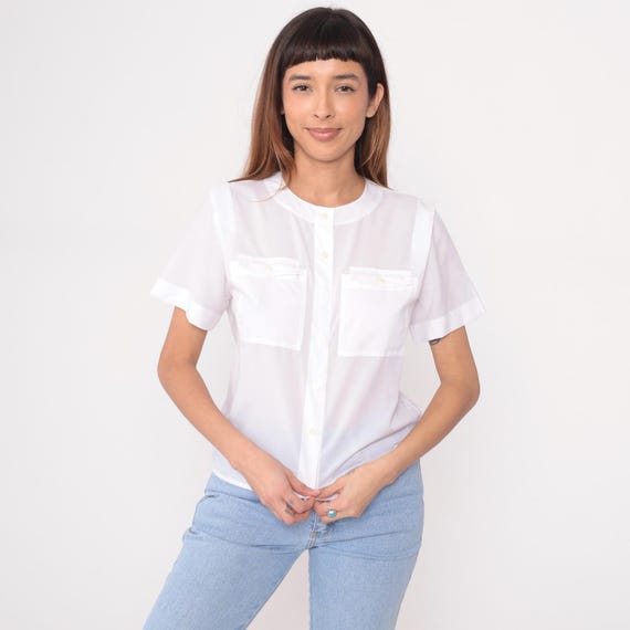 80s White Shirt Short Sleeve Office Blouse Work Top Vintage Clean Girl Minimal Corporate Professional Basic Staple Classic Medium M
