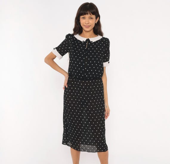 Polka Dot Peter Pan Collar Dress 90s Black White Button Front Short Sleeve Midi Cuffed Sheer Feminine Vintage Spotted Print Frock Small S
