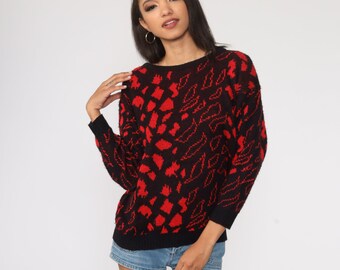 Red Leaf Sweater 80s Sweater Knit Abstract Sweater Black Slouchy Pullover Jumper 1980s Vintage Retro Medium