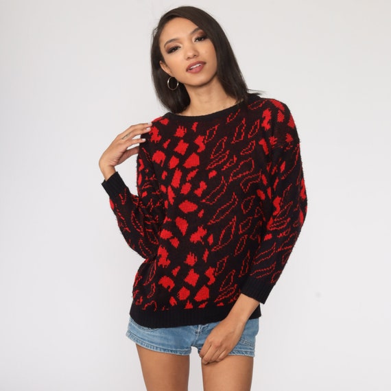 Red Leaf Sweater 80s Sweater Knit Abstract Sweater Black Slouchy Pullover Jumper 1980s Vintage Retro Medium