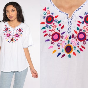 White Embroidered Blouse Floral Mexican Peasant Top Boho Hippie Bohemian Vintage Lace Up Tent Shirt Short Sleeves Festival Medium Large image 1