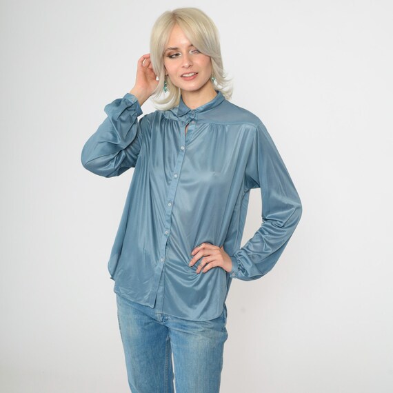 Vintage 70s Blue Billowy Blouse Peter Pan Collar Button Up Long Sleeve Top Retro Plain Seventies Basic 1970s Large L