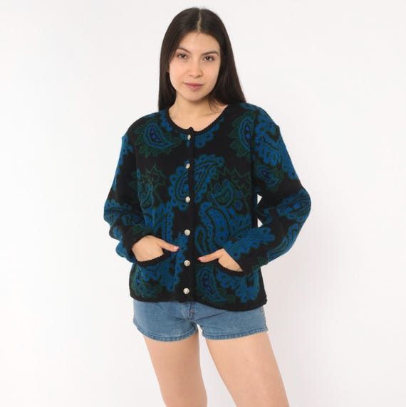 70s Paisley Knit Cardigan Blue Green Black Button Front Tally-Ho Jacquard Sweater Floral Jewel Tone Vintage Grandpa Layering Top Large L