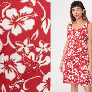 Tropisches Blumenkleid Rotes Minikleid Hawaiian Originals Y2k Mantel Ärmellos Sommerkleid Hibiskus Empire Taille Vintage 00s Weiß Mittel 10