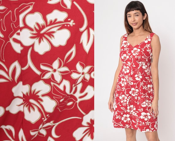 Tropical Floral Dress Red Mini Dress Hawaiian Originals Y2k Sheath Sleeveless Sundress Hibiscus Empire Waist Vintage 00s White Medium 10