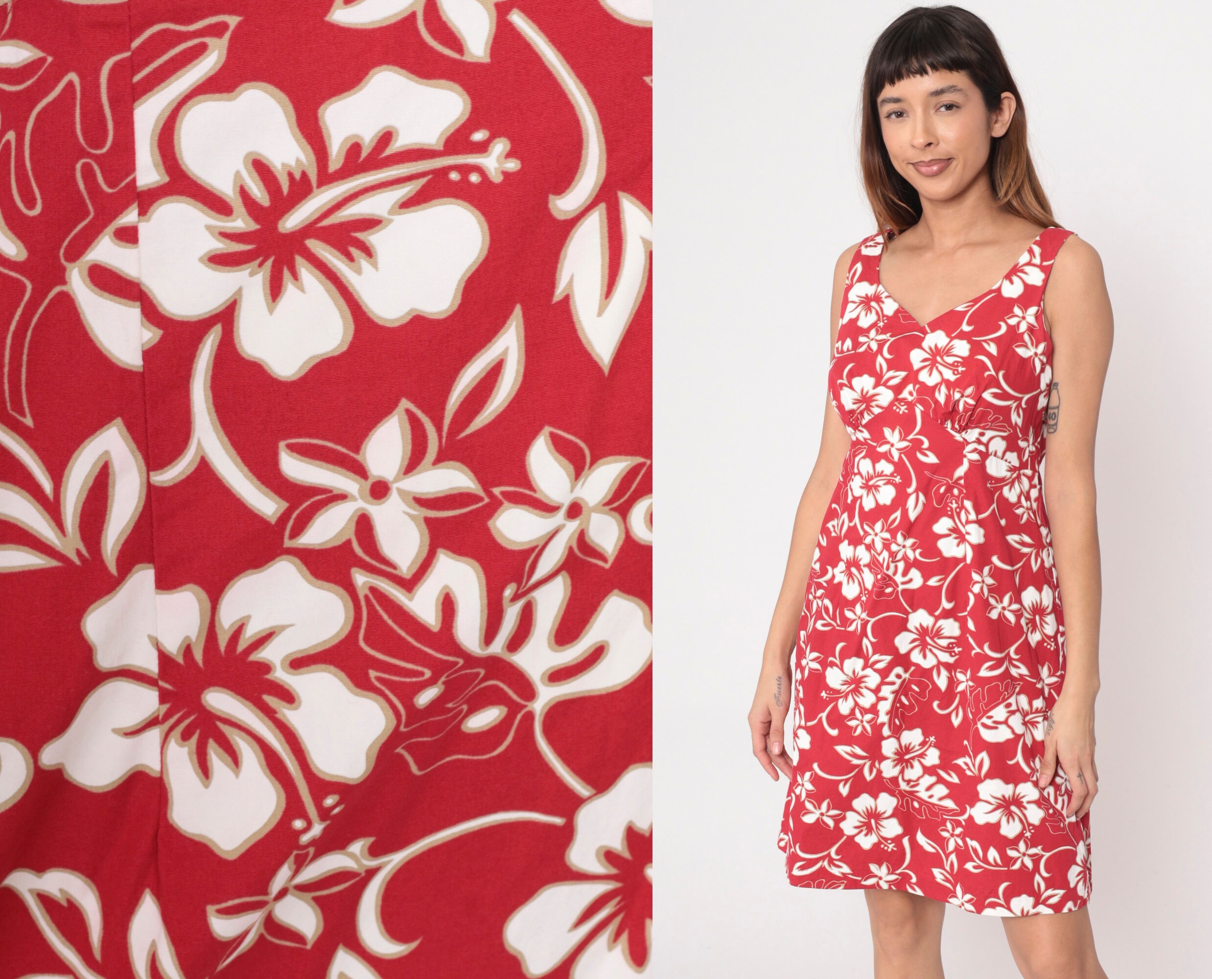Red and white hibiscus dress sales