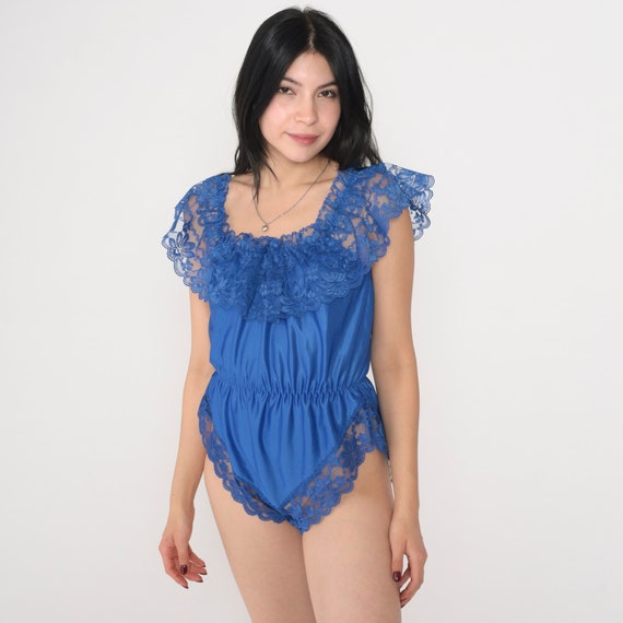 Blue Lace Teddy 80s 90s Lingerie Romper Ribbon Bow Bodysuit One Piece Flutter Sleeve Boudoir Sexy Tap Shorts Boho Vintage 1990s Medium M