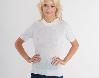 White Sweater Top 70s Pointelle Knit Shirt Semi-Sheer Short Sleeve Sweater Cutout Blouse Spring Simple Acrylic Vintage 1970s Extra Small xs