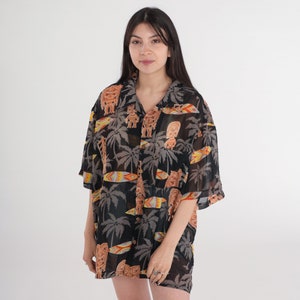 Hawaiian Tiki Shirt Y2k Tropical Button Up Palm Tree Island Surfer Print Retro Surf Tourist Short Sleeve Vintage 00s Black Extra Large xl
