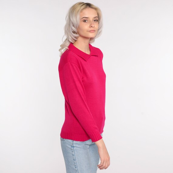 Deep Pink Sweater 80s Slouchy Collared Knit Pullo… - image 4