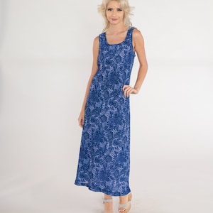 90s Floral Dress Purple Blue Maxi Sundress Sleeveless Day Dress Flower Print Sun Scoop Neck Bohemian Tank Summer Retro Vintage 1990s Medium