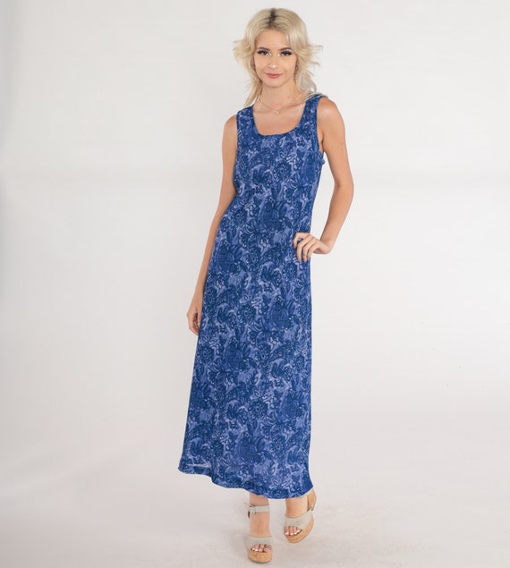 90s Floral Dress Purple Blue Maxi Sundress Sleeveless Day Dress Flower Print Sun Scoop Neck Bohemian Tank Summer Retro Vintage 1990s Medium