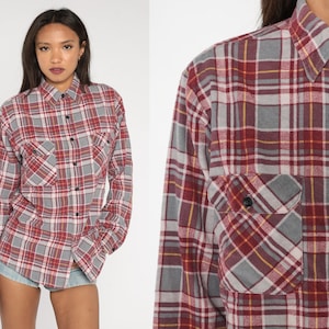 90s Flannel Shirt Red Grey Plaid Button up Shirt Retro Grunge Lumberjack Long Sleeve Boyfriend Checkered Top Vintage 1990s Medium