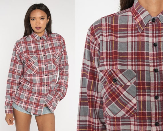 90s Flannel Shirt Red Grey Plaid Button up Shirt Retro Grunge Lumberjack Long Sleeve Boyfriend Checkered Top Vintage 1990s Medium
