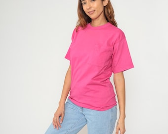 Pink Pocket Tee 90s T Shirt Retro Plain TShirt Solid T-Shirt Blank Basic Shirt Single Stitch Streetwear Top  Vintage 1990s Small S