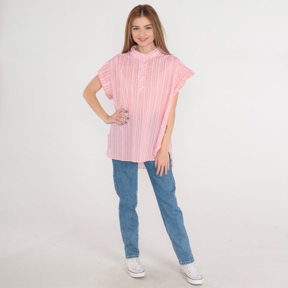 Pink Striped Shirt 80s 90s Half Button Up Blouse … - image 3