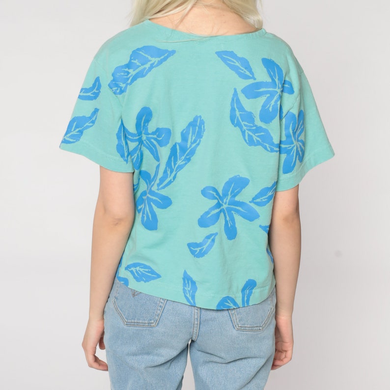 Tropical Floral Shirt 90s Flower Leaf Print T Shirt Green Blue Tee 80s Short Sleeve Boxy TShirt Hippie Shirt 1990s Vintage Retro Medium M image 5