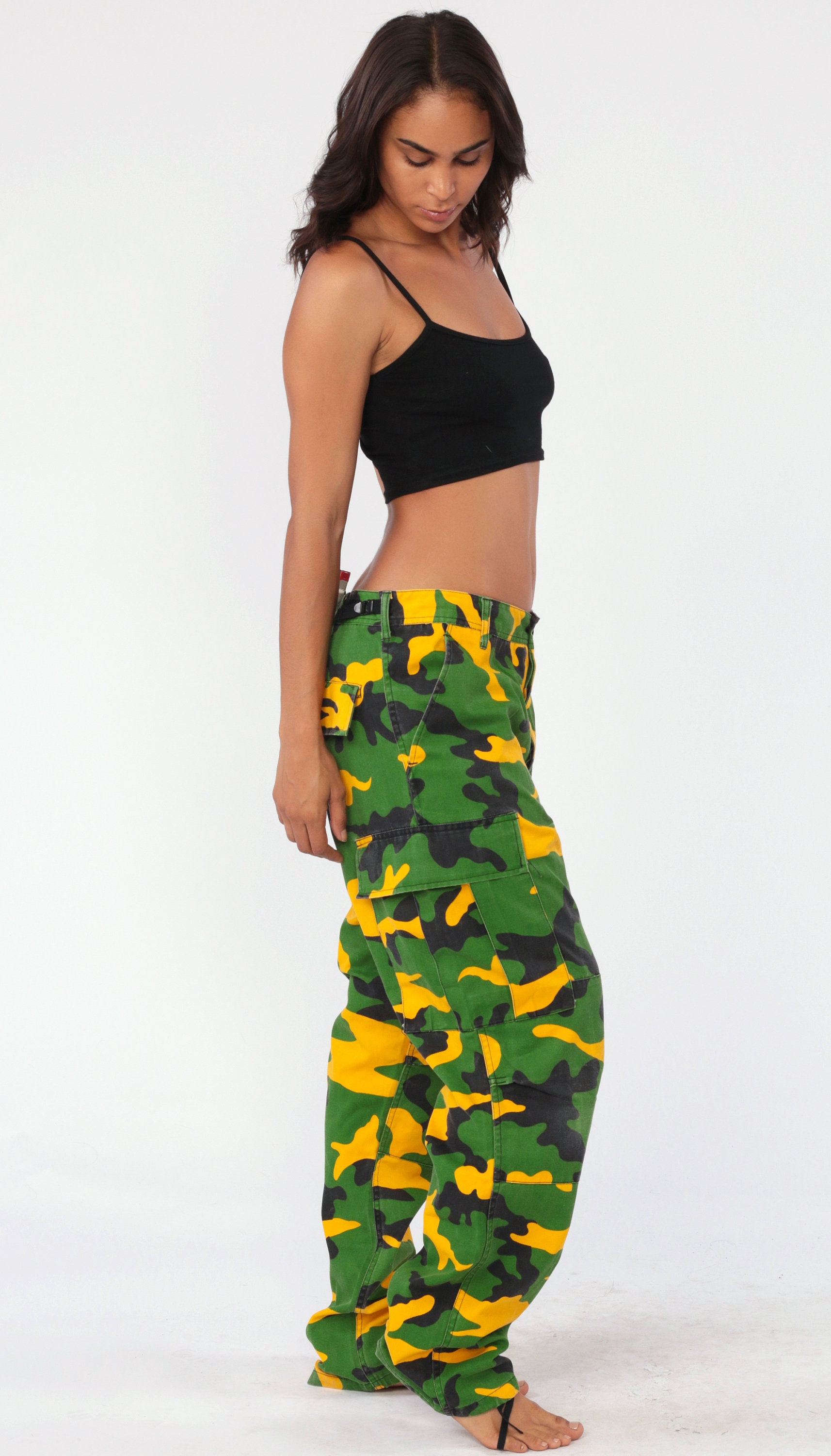 Camo Army Pants Green Yellow CARGO Pants Military Combat Pants Goth Olive Green Camouflage 90s