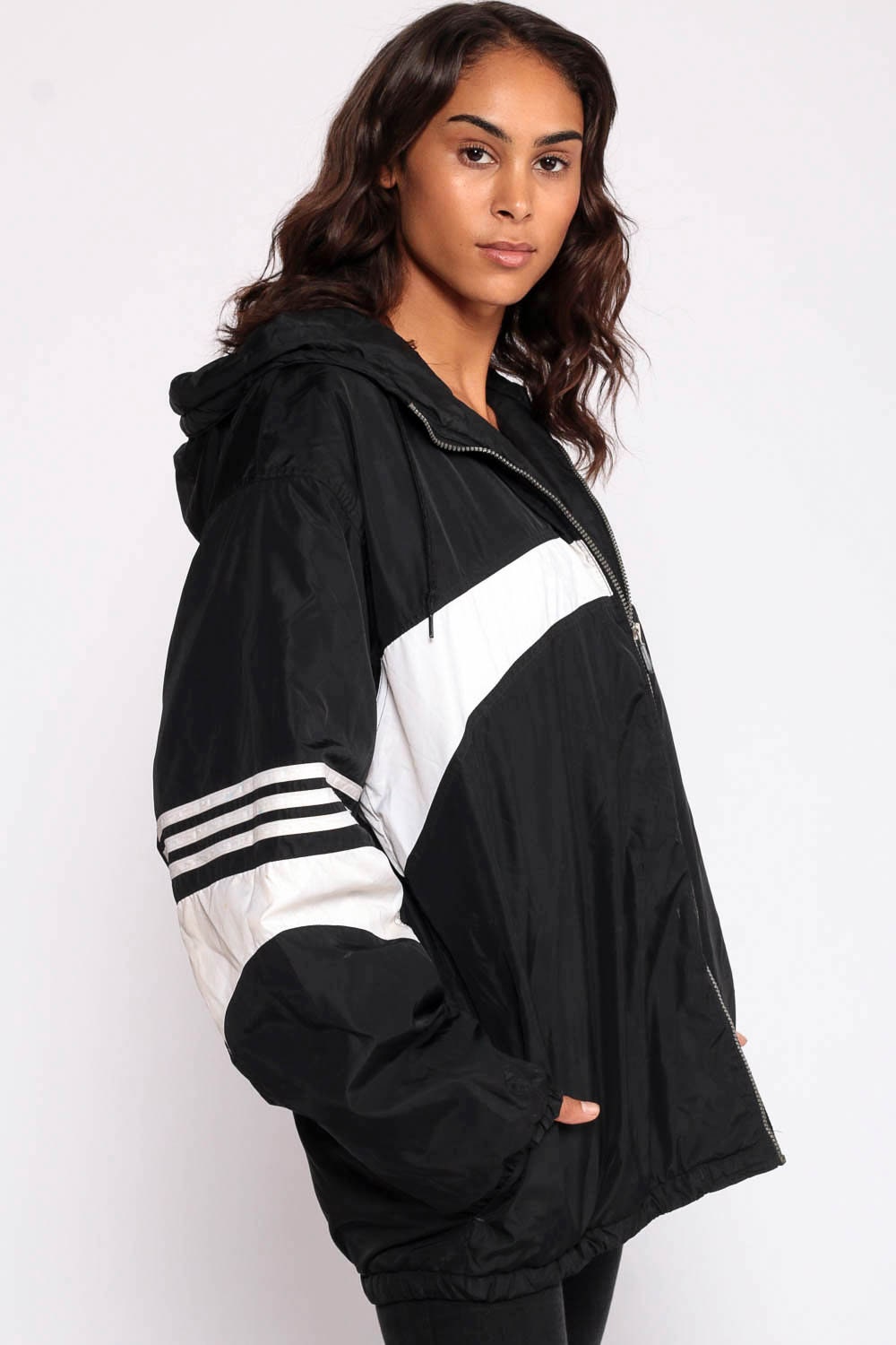 Black ADIDAS Jacket HOODIE Jacket Hood 90s Striped Hooded Athletic