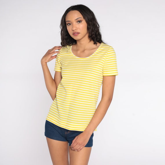 70s Striped Shirt Yellow White Retro Shirt Scoop Neck T Shirt  Mod Tshirt Short Sleeve Tee Vintage Top 1970s Blouse Minimal Basic Small S