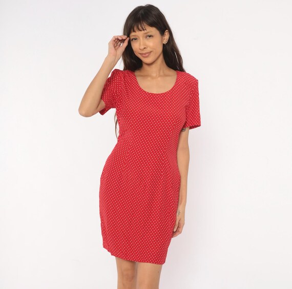 90s Polka Dot Mini Dress Red White Short Sleeve Fitted Waist Pin Up Rockabilly Cherry Summer Shift Vintage My Michelle Women Medium M