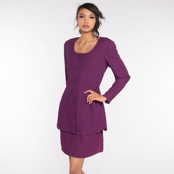 Purple Sheath Dress 80s Mini Bow Dress Button Up Vintage Wiggle Pencil V Neck Secretary Long Sleeve Fitted Medium