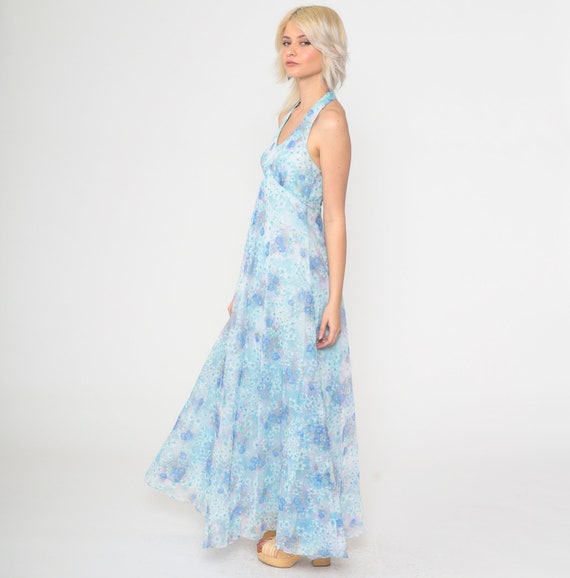 Floral Halter Dress 70s Maxi Dress Light Blue Sun… - image 5