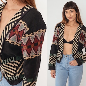 Southwestern Tapestry Jacket 90s Open Front Geometric Blazer Boho Woven Blanket Coat Concho Western Cowboy Hippie Vintage 1990s Medium image 1