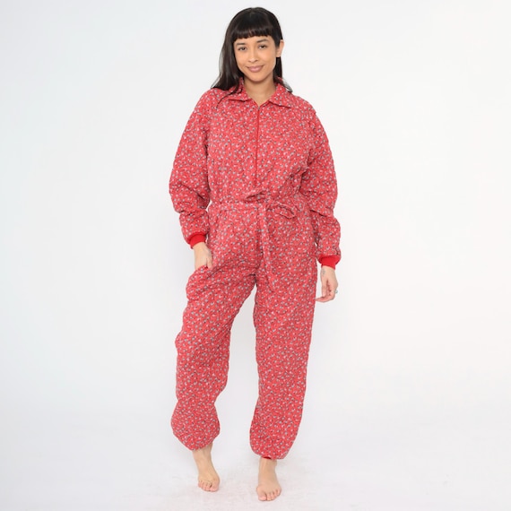 Vintage Quilted Floral Jumpsuit Red Calico Lounge Sleep One Piece Pajama 80s PJs Retro Adult Pajamas 1980s Boho Folk Women's Medium Large