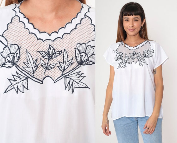 Vintage Y2K Embroidered Blouse White Floral Mesh Neckline Boho Top 2000s Cutout Short Sleeve Bohemian Black Trim Large L