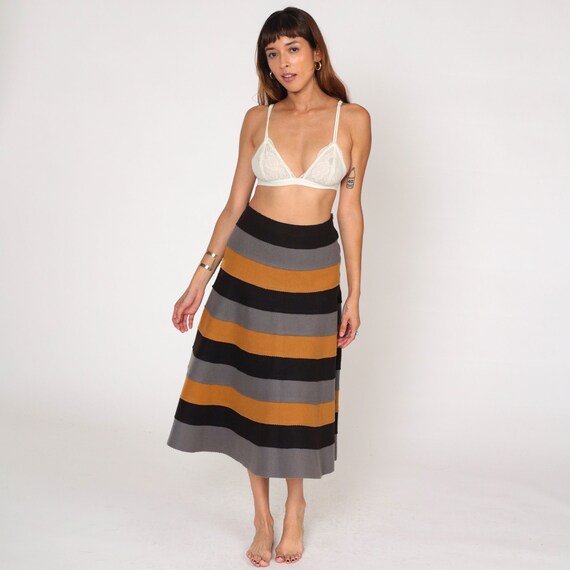 Striped Wool Skirt 90s Midi Skirt High Waist Black Brown A-Line Retro Grey Vintage 1990s Flared Rockabilly Skirt Aline Medium