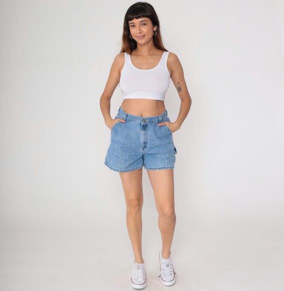 Lee Jean Shorts 90s Cargo Carpenter Shorts Mom Shorts Blue Denim Shorts High Waisted Bottoms 1990s Vintage Retro Elastic Waist Medium 30