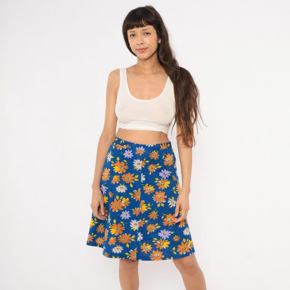 70s Flower Power Mini Skirt Floral Skirt Cobalt Blue Orange Daisy Knee Length Psychedelic Summer Festival Bright Patterned Vintage Small S