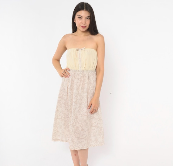 Paisley Strapless Sundress 90s Cream Beige Cotton Tube Top Bodice Floral Print Bow Lace Trim Feminine Prairie Summer Sand Tan Ivory Small S