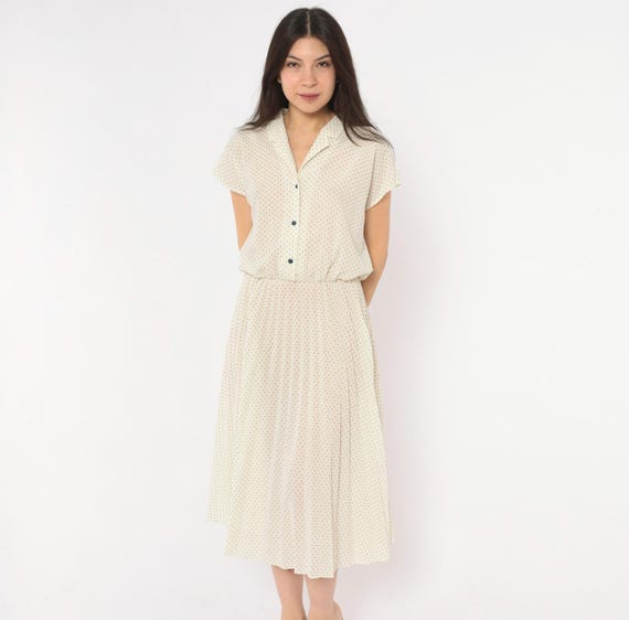 70s Polka Dot Dress Cream Navy Blue Button Front Pleated Skirt Cap Sleeve Sheer Midi Frock Vintage White Pin Up Knee Length Small Medium S M