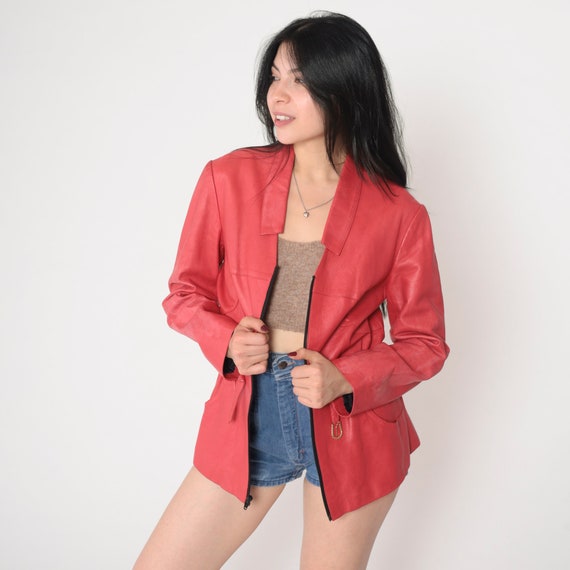 Dark Pink Leather Jacket 80s Sleek Moto Jacket Rhinestone Belted Biker Motorcycle Jacket Retro Simple Rocker Zip Up Glam Vintage 1980s Small