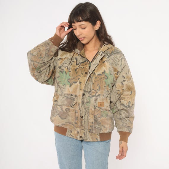 90s Realtree Camo Jacket Duxbak Hooded Hunting Coat Leaf Print Canvas Brown Tan Bomber Ribbed Cuff Camouflage Outdoors Workwear Medium M