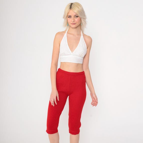 Vintage 1960s Knit Capri Pants Red Ribbed Trousers 60s Button Accent High Waist Cropped Retro Trousers Extra Small xs