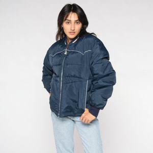 70s Puffer Jacket Navy Blue Down Fill Ski Jacket Zip Up Bomber Retro Puffy Coat Winter Sportswear Cozy Vintage 1970s Puff Mens Medium M