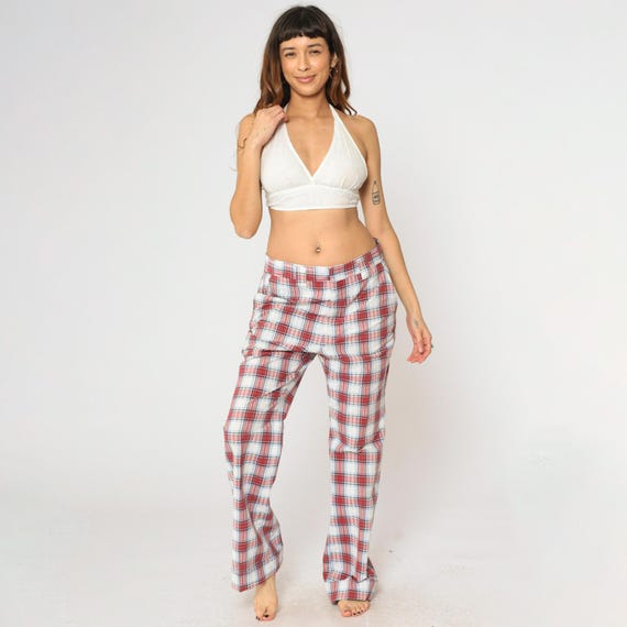 70s Plaid Pants Red White Blue Haggar Slacks High Waisted Trousers Checkered Print Straight Leg Retro Preppy Vintage 1970s Men's 34 Medium