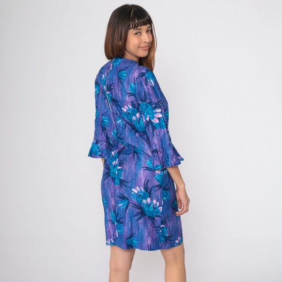 60s Hawaiian Mini Dress Blue Purple Tropical Flor… - image 6