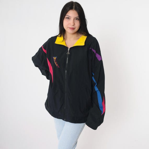 90s Black Striped Windbreaker Vintage Le Coq Sportif Jacket Zip Up Warmup Yellow Purple Fuchsia Retro Shell Streetwear Nylon 1990s Large L
