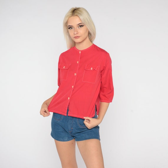 70s Red Blouse Simple Boho Button Up Shirt Short Sleeve Top Simple Chic Minimalist Retro Preppy Seventies Plain Summer Vintage 1970s Small S