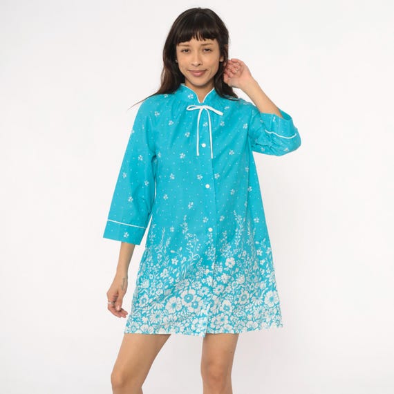 Turquoise Floral Dress 80s Snap Button Front Mandarin Collar Tie Neck White Border Print Cottagecore Prairie Vintage Tunic Garden Small S