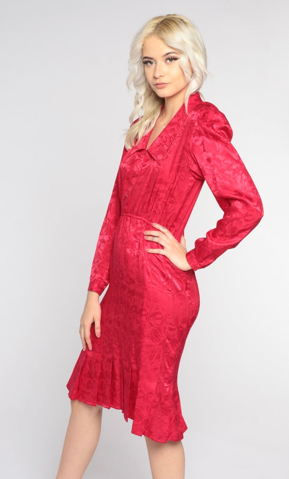Red Silk Dress 80s Floral Midi Dress Shirtdress P… - image 4